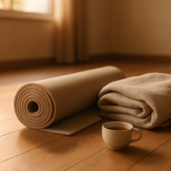 Person rolling out a yoga mat in a softly lit room before class