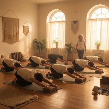 Small beginner yoga group following a slow standing sequence