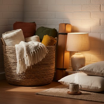 Basket of folded blankets near a small glowing lamp