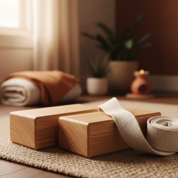 Yoga blocks and strap on a mat under dim studio light