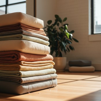 Stack of yoga bolsters and blankets ready for a soft class