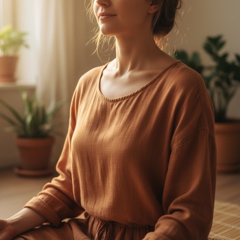 Close-up of hands resting on the belly during calm breathing