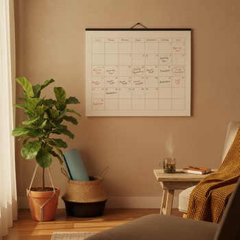 Wall calendar and yoga mat in the corner of a softly lit room