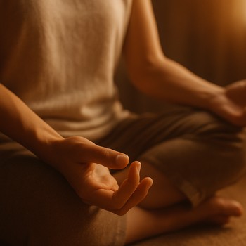 Person seated on a mat in a calm breathing pose surrounded by soft cushions