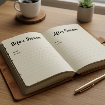 Small card where someone has written how they feel before and after yoga