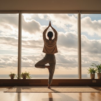 Yoga mat near a window with cloudy sky outside