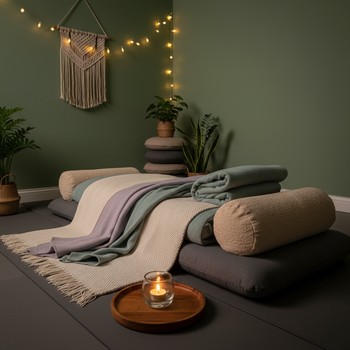 Cozy savasana corner with blankets, pillow and warm lamp