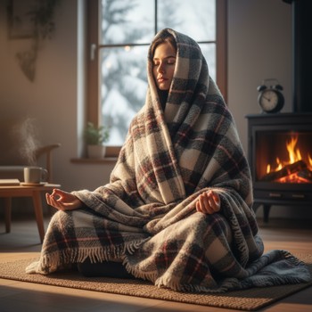 Person wrapped in a blanket in a cozy winter yoga corner