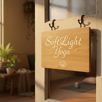SoftLight Yoga door sign glowing in a dim hallway