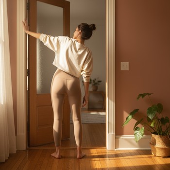 Person pausing for a gentle stretch in a doorway