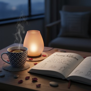 Open journal and pen next to a yoga mat after class