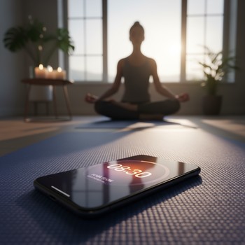 Phone with a soft 10-minute timer resting near a yoga block
