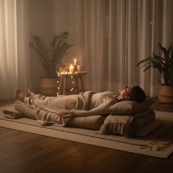 Restorative yoga pose with bolsters and dim purple evening light