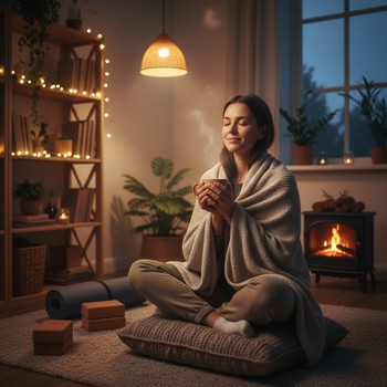 Person in gentle evening yoga stretch near a warm lamp