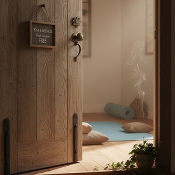 SoftLight style studio door slightly open with warm light inside