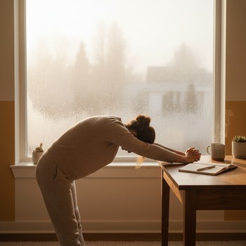 Desk worker pausing for a gentle side stretch beside the chair