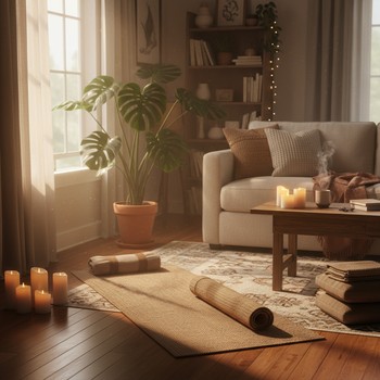 Yoga mat in a cozy living room with warm lamps and plants