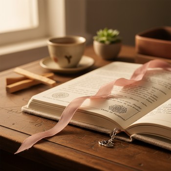 Close-up of a soft ribbon bookmark in a well-used yoga journal