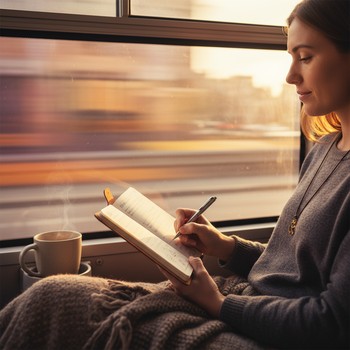 Person writing a short yoga note on a bus with a notebook on their lap
