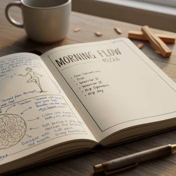 Yoga journal margin filled with a quiet conversation written in small handwriting