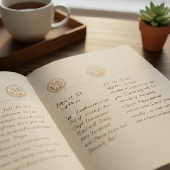 Close-up of date stamps used to mark future yoga letters in a journal