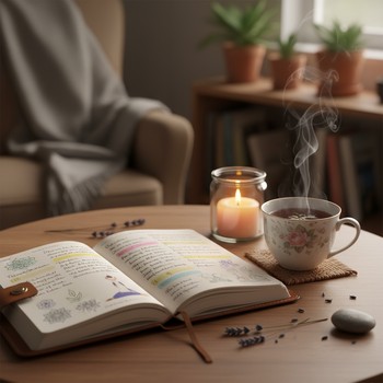 Evening cup of tea next to a small yoga journal