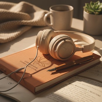 Headphones and pen resting on a yoga journal page