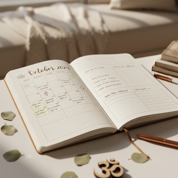 Yoga journal open on a monthly overview spread with small marks for each session