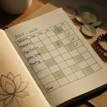 Grid of small squares in a journal used to track gentle yoga days