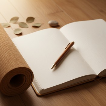 Open yoga journal with a pen resting on a mat