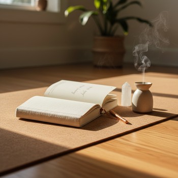 Pen resting on a yoga journal with a mat unrolled nearby
