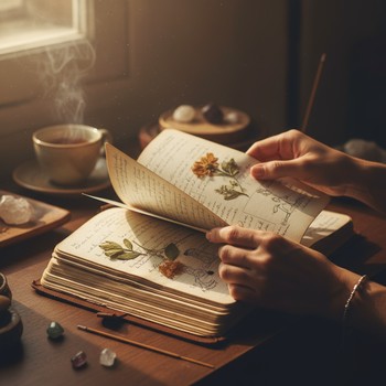 Hands gently holding a yoga journal opened on older pages