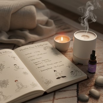 Candle and small bottle of scent beside an open yoga journal