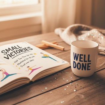 Mug and pen next to a notebook used to celebrate tiny yoga wins