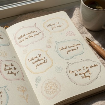 Drawn speech bubbles in a journal showing gentle questions and answers