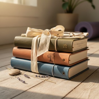Stack of filled yoga journals showing a long-term practice