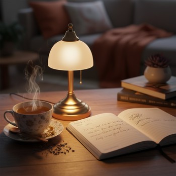 Journal, cup of tea and small lamp next to a rolled mat