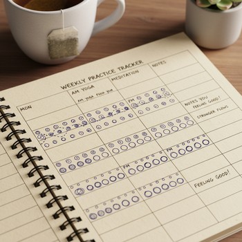 Journal page with small coloured dots marking weeks of yoga practice