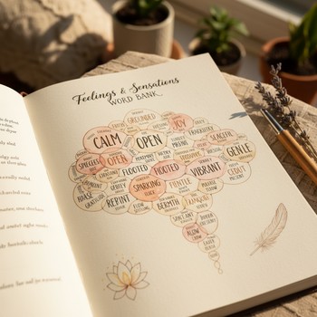 Yoga journal page with a hand-drawn word bank of feelings