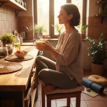 Cup of tea cooling on a kitchen counter next to a rolled yoga mat