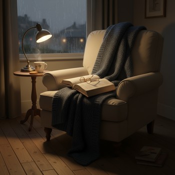 Late evening yoga corner with a single warm lamp and mat