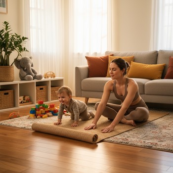 Yoga mat unrolled between a sofa and children's toys