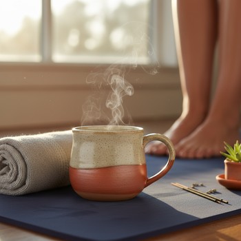 Mug of tea resting at the top of a yoga mat