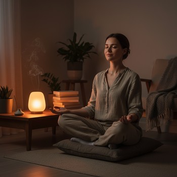 Person lying near a small lamp, breathing quietly in a dark room
