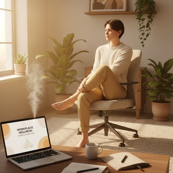 Office worker doing a soft chair stretch beside a desk