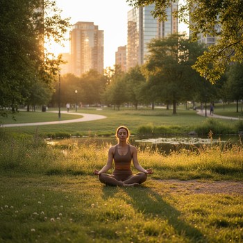 Person in a gentle yoga pose on grass at sunset