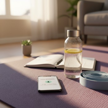 Phone with a soft yoga reminder resting on a mat