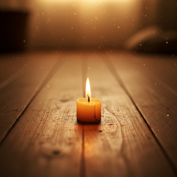 Close-up of a small candle glowing in a calm yoga space