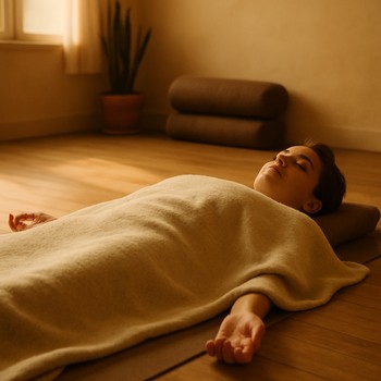 Resting yoga pose with blankets and eye mask under very dim light