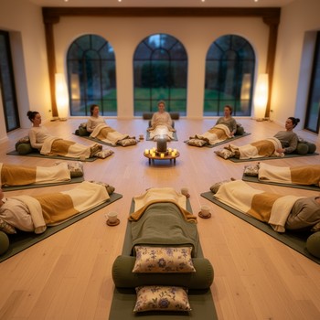 Circle of bolsters, blankets and an eye pillow ready for restorative yoga